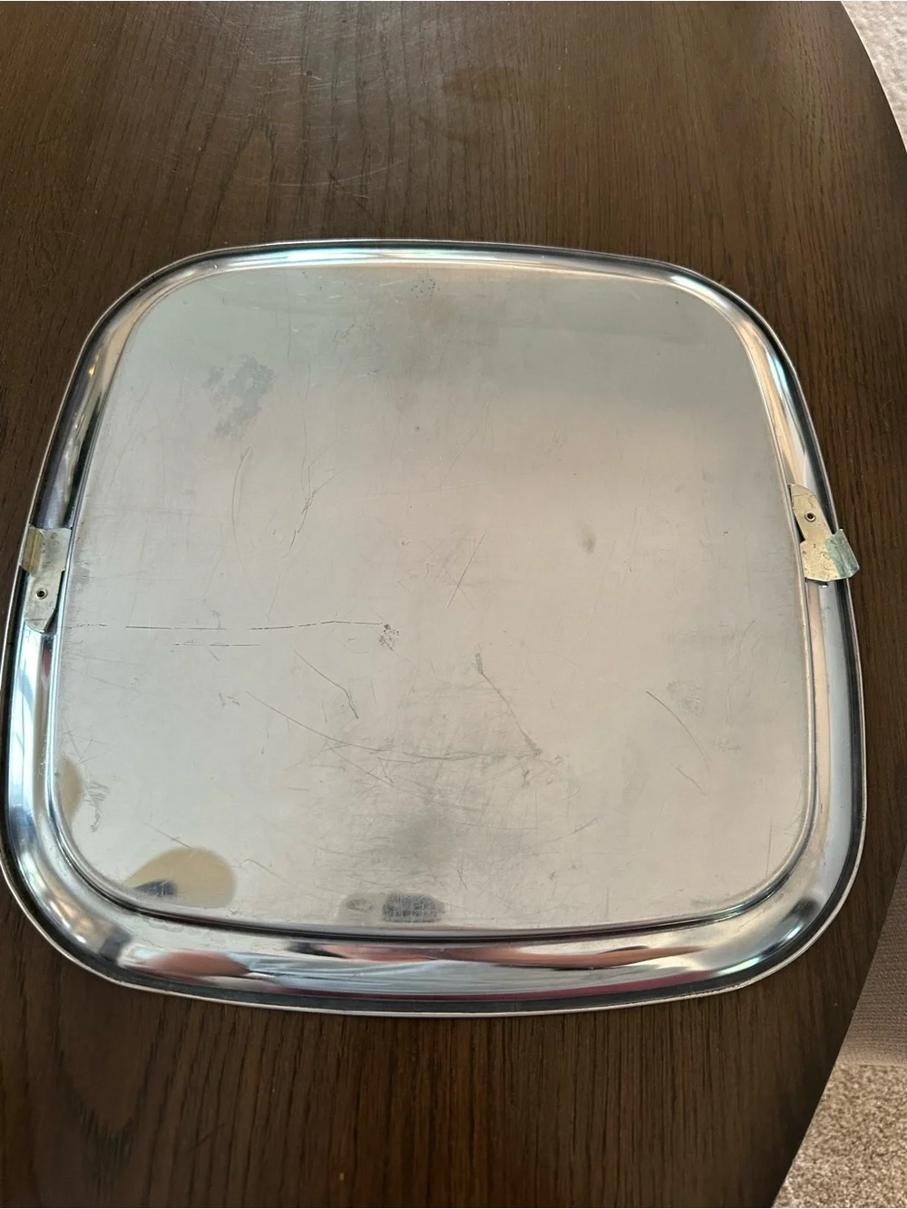 Vintage MCM Stainless Steel Cake Carrier with Wood Handle